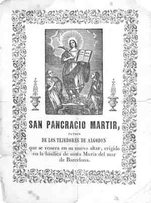 SAN PANCRACIO MARTIR,patrón de los tejedores de algodón que se venera en su nuevo altar,erigido en la basílica de santa María del Mar,de Barcelona