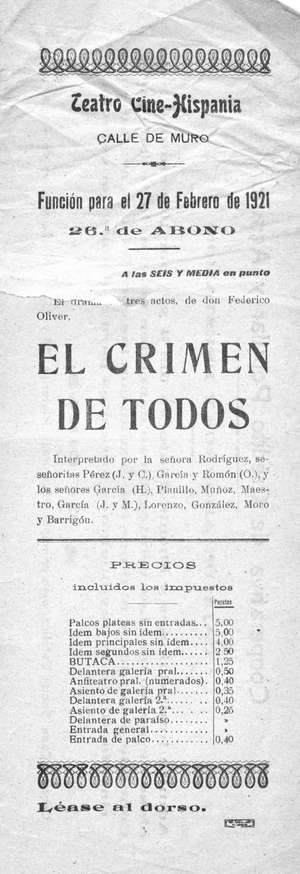 Teatro-Cine Hispania. EL CRIMEN DE TODOS