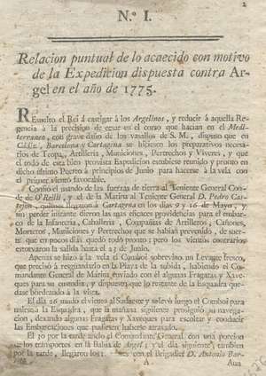 Relación puntual de lo acaecido con motivo de la Expedición dispuesta contra Argel en el año de 1775. N. 1